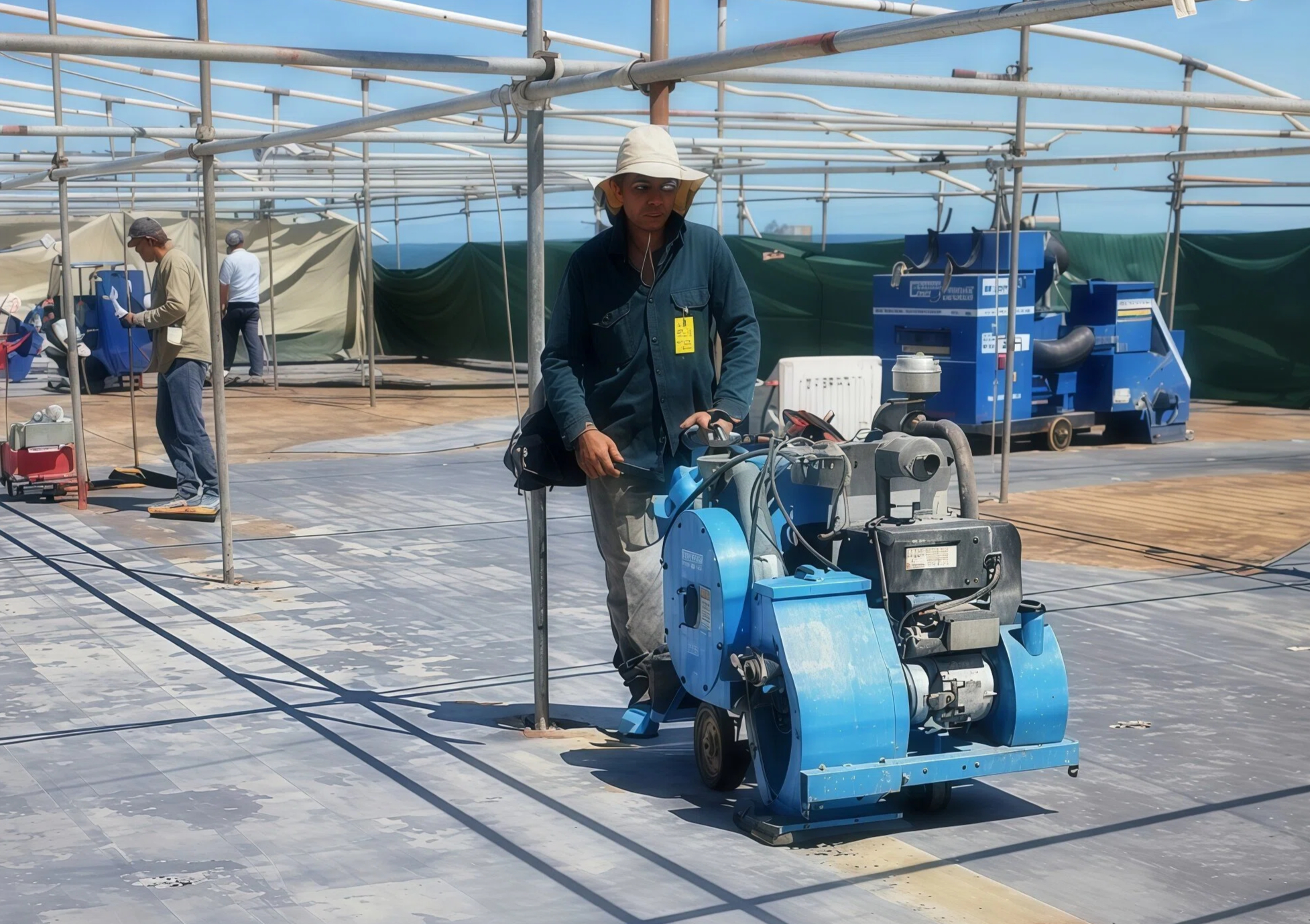 Industrial epoxy floor project showing freshly coated grey work zone after concrete surface preparation by SCS Perth
